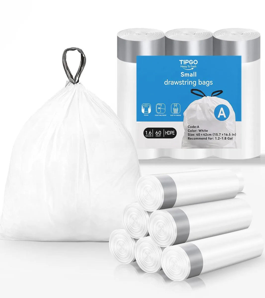 Three rolls of white drawstring trash bags in a rectangular pack