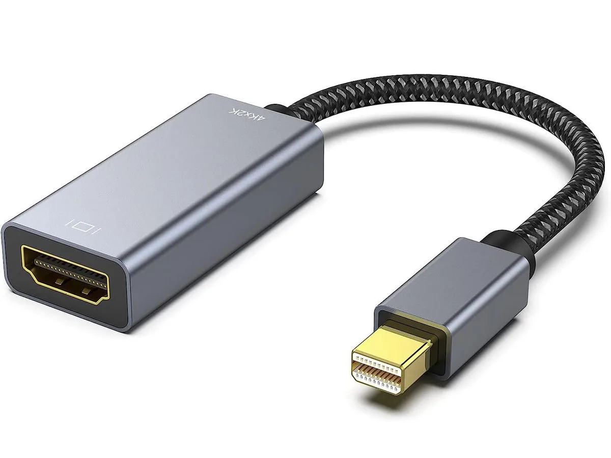 Grey Mini DisplayPort male to HDMI female adapter, 140 mm cable