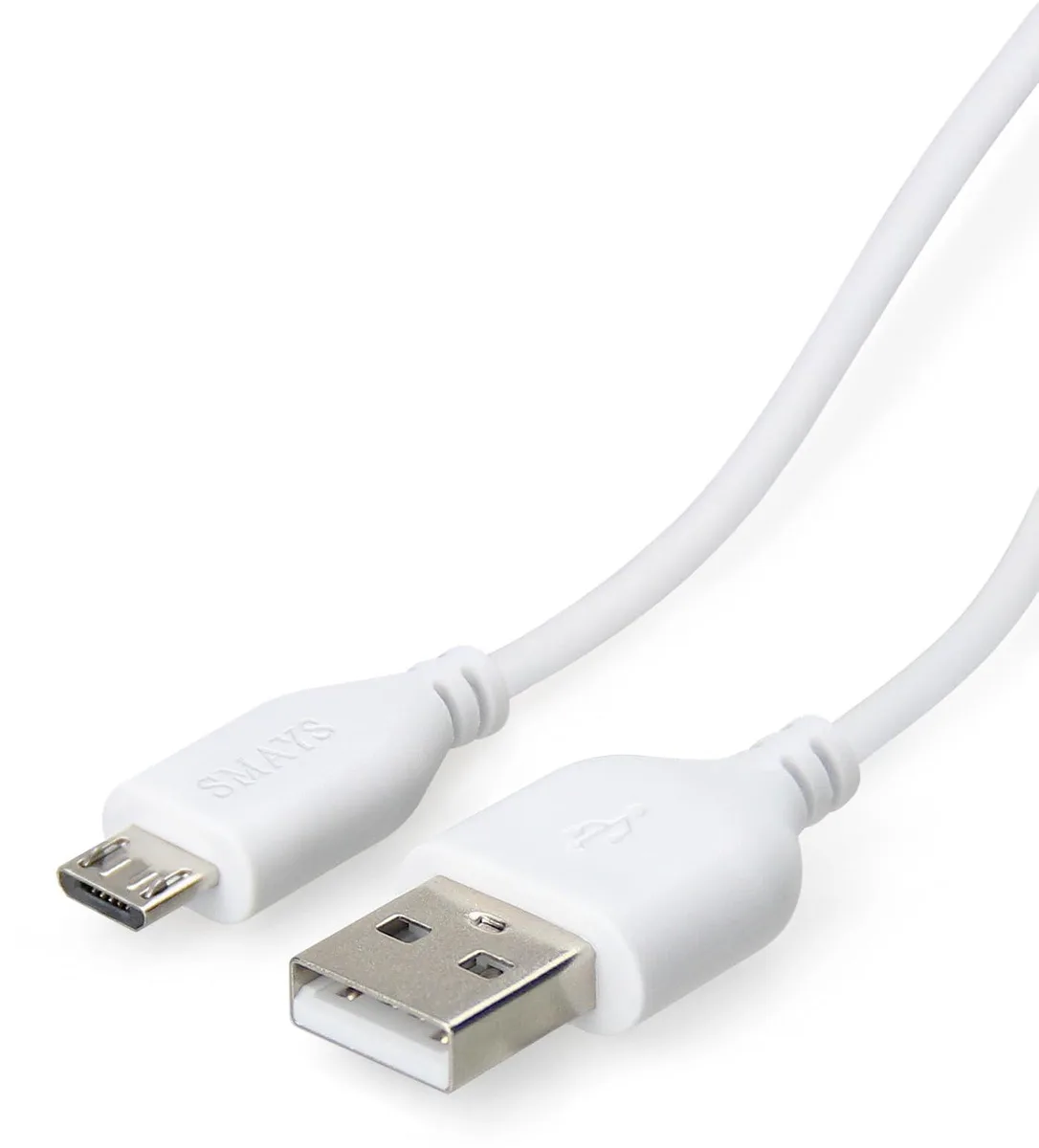 Two white USB cables, one Micro-USB and one USB-C, each 180 cm long with male connectors