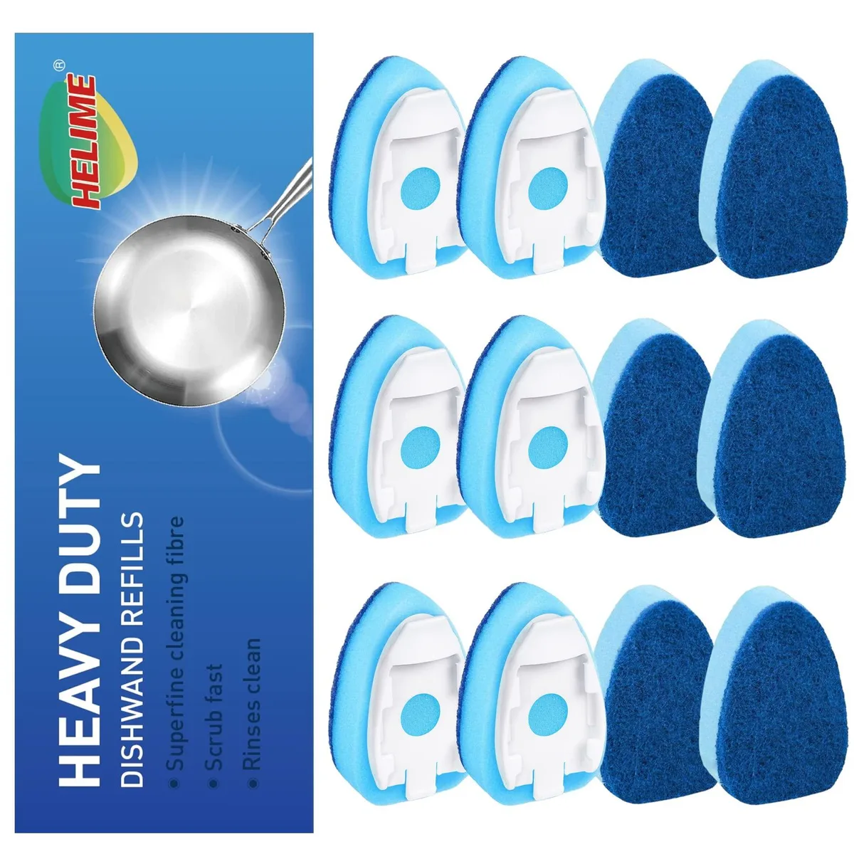 Twelve white sponge refill heads with green scrubbing pads in rectangular packaging