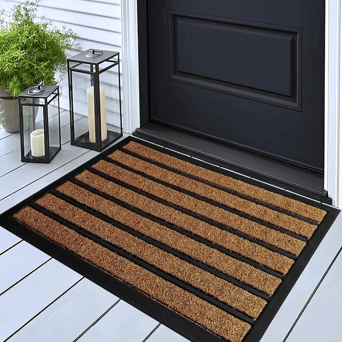 Rectangular brown striped rubber doormat, low-profile, 30 by 17 inches