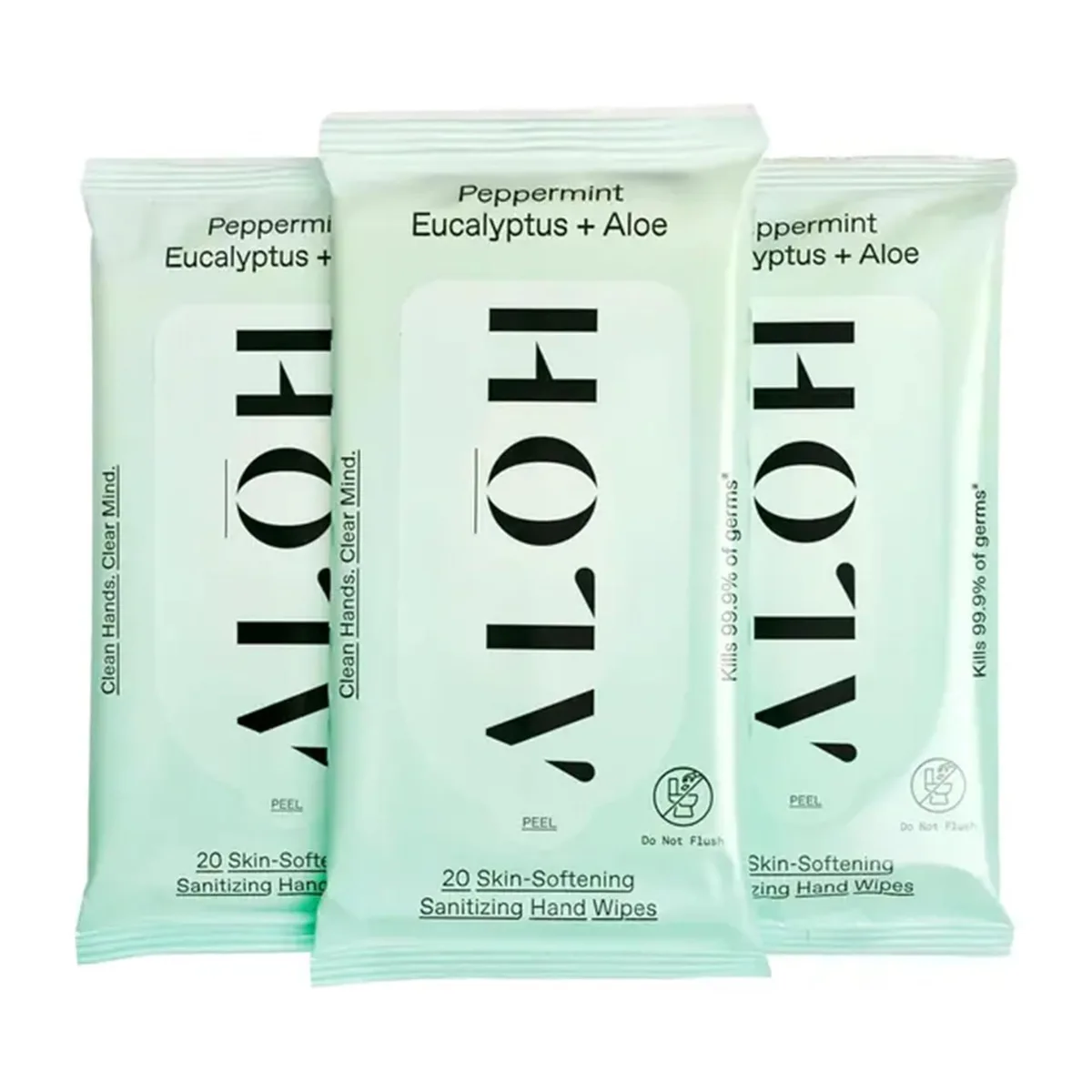 White rectangular travel pack containing 60 peppermint eucalyptus aloe sanitizing wipes