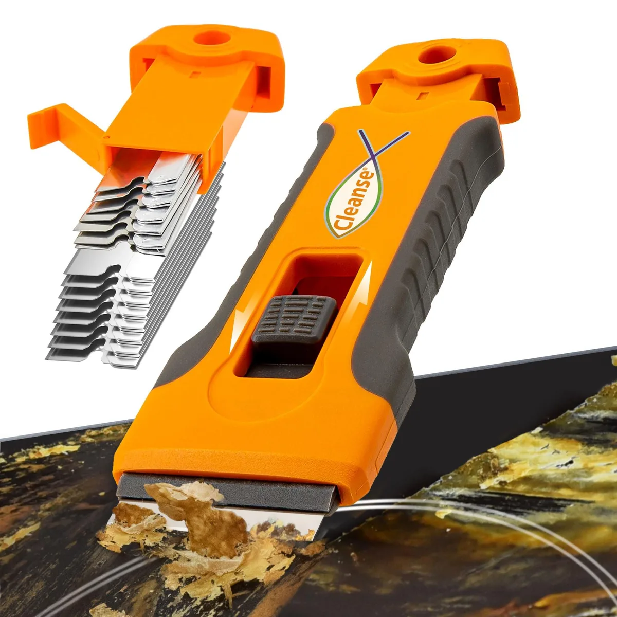 Metra razor blade scraper with 15 extra blades, compact handle, silver finish