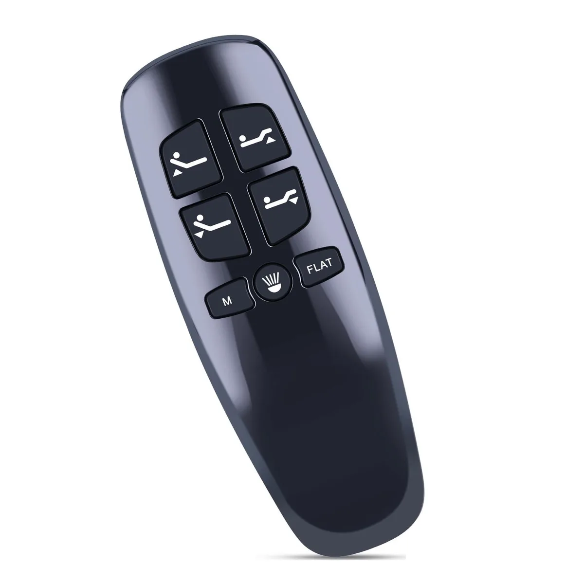 Black rectangular remote control with multiple buttons on front