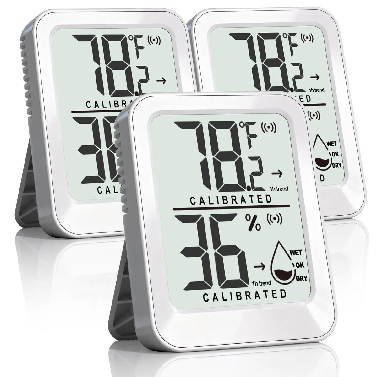 Three small yellow digital hygrometers with kickstands and adhesive tapes