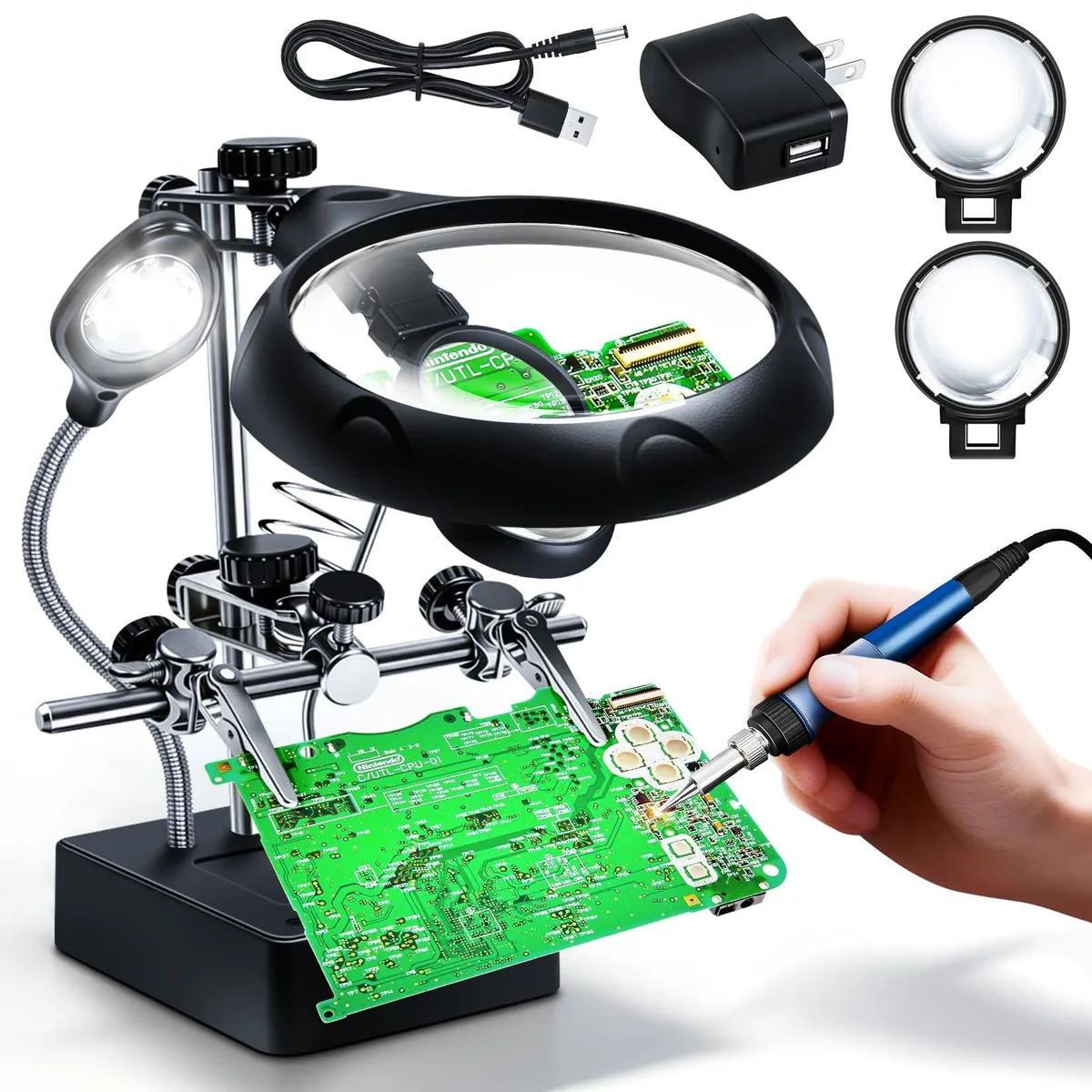 Desktop magnifier stand with three lenses, two alligator clips, auxiliary clamp and LED light on flexible arm