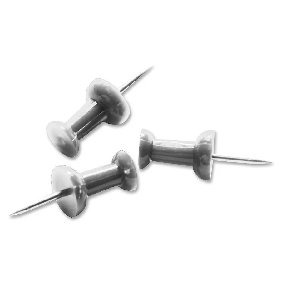 Clear plastic case holding 100 silver push pins with metal points