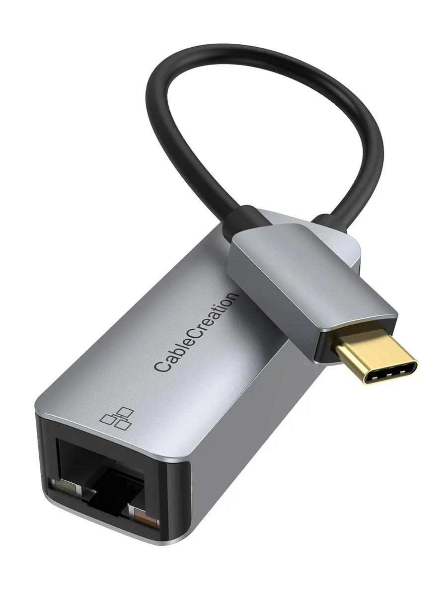 Space Gray USB-C to RJ45 Gigabit Ethernet adapter with 15 cm white cable