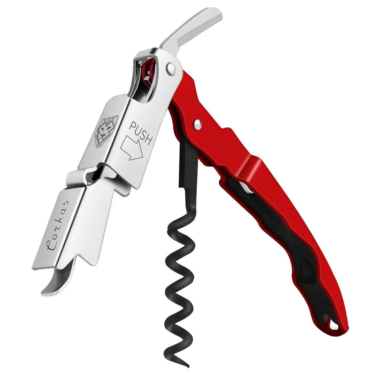 Red waiter corkscrew with double hinge, foil cutter and bottle opener