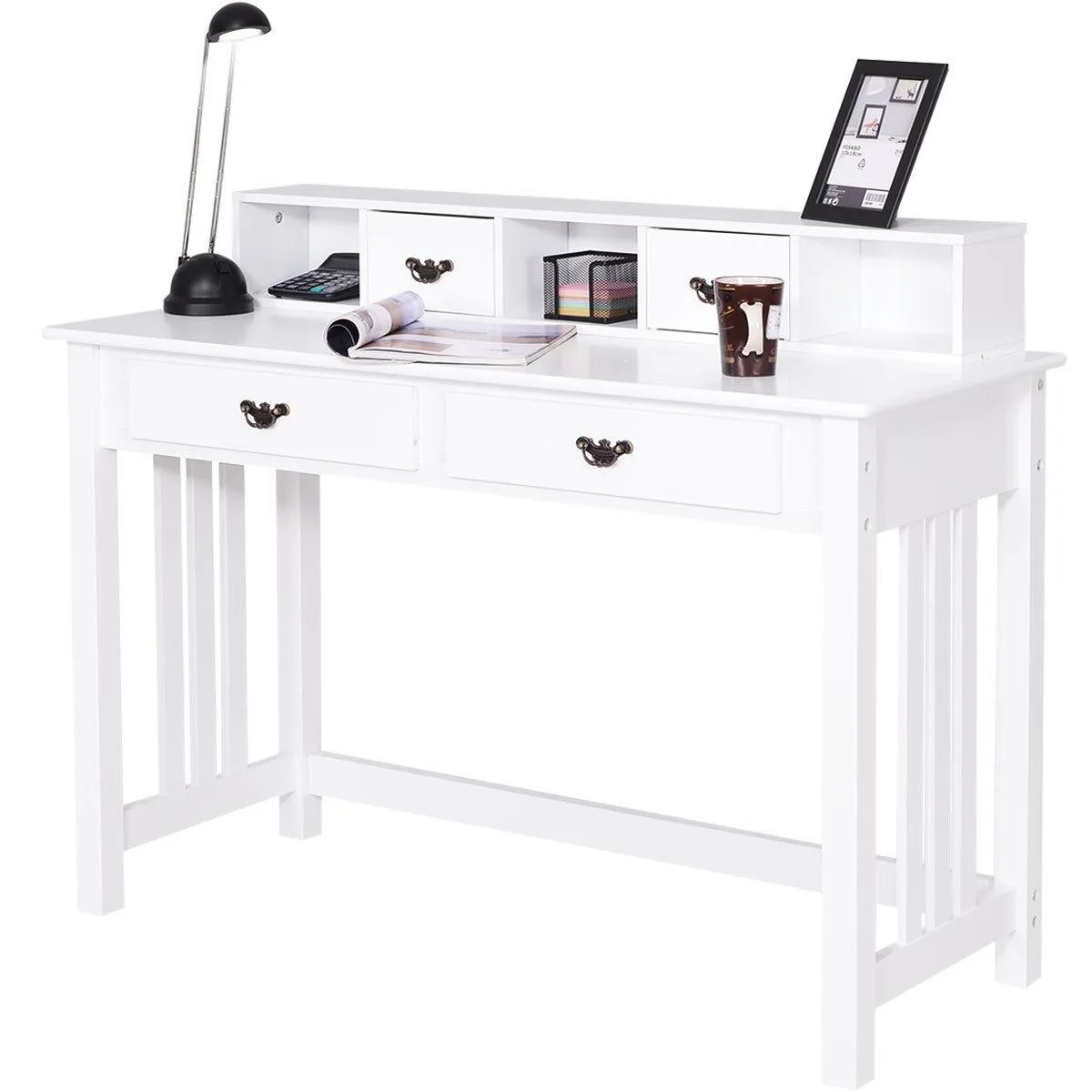 White wooden desk with four drawers and floating organizer shelf
