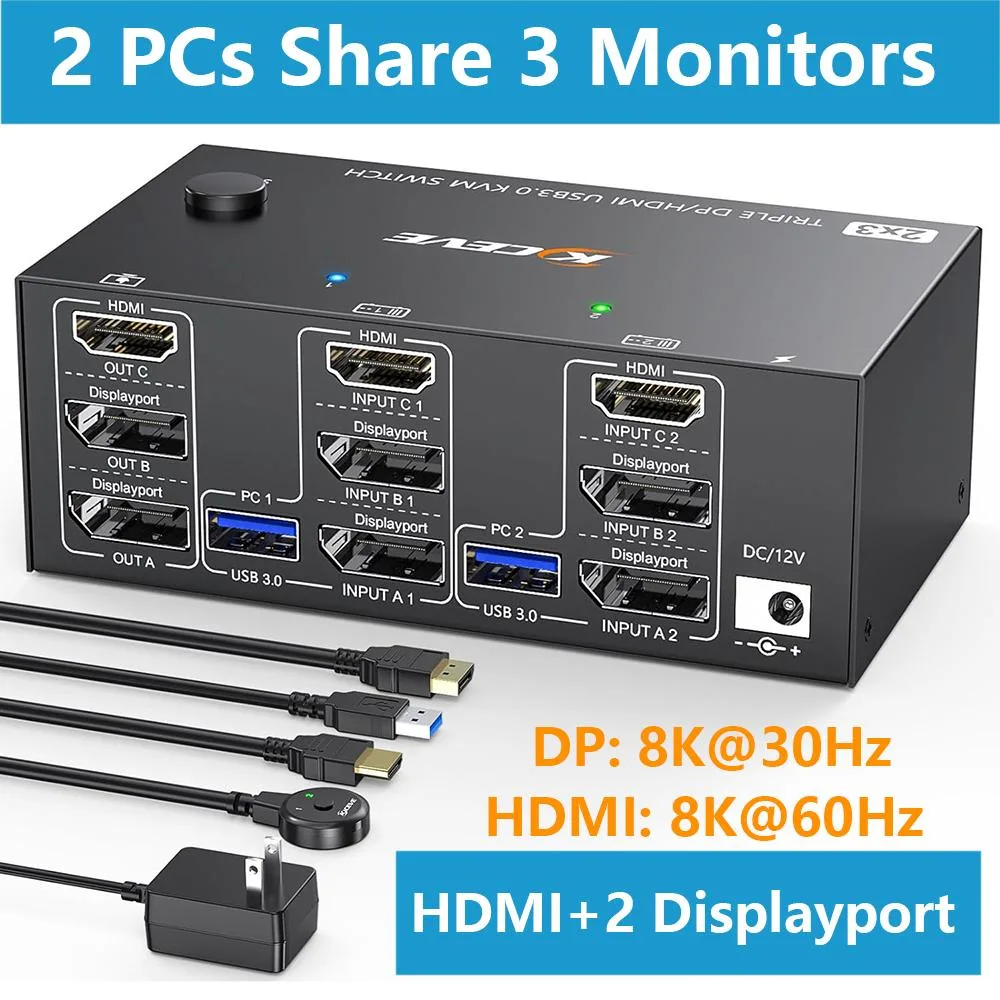 AUTYUE AUTYUE Triple Monitor KVM Switch 2PC 3Mon HDMI 2DP 8K 4K144 USB3 Remote — product photo