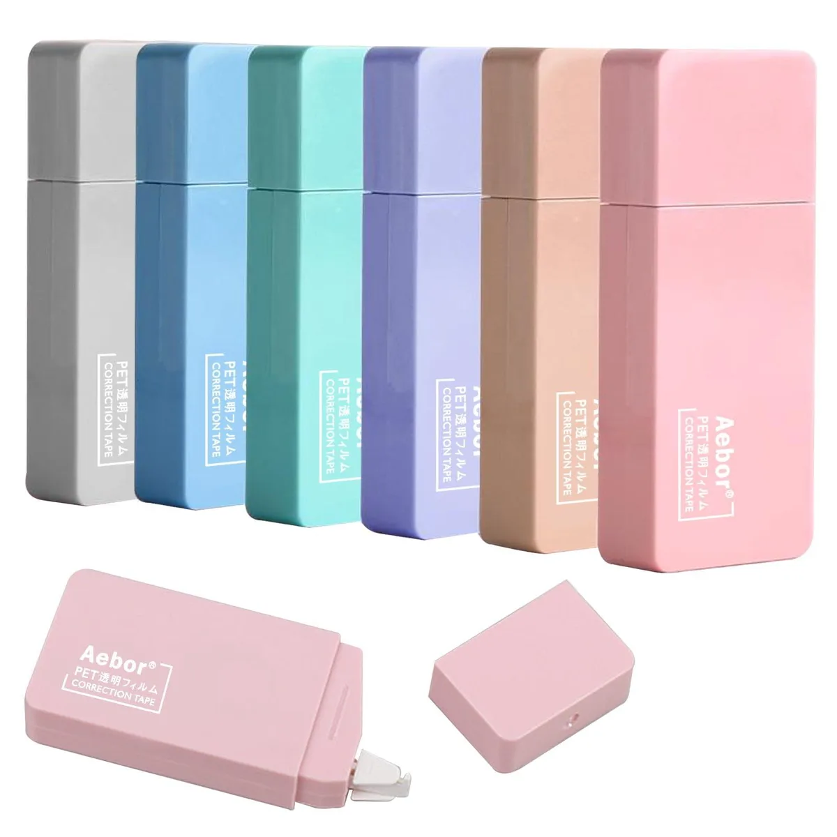 Six white correction tape dispensers in pastel macaron colours, 5 mm tape width