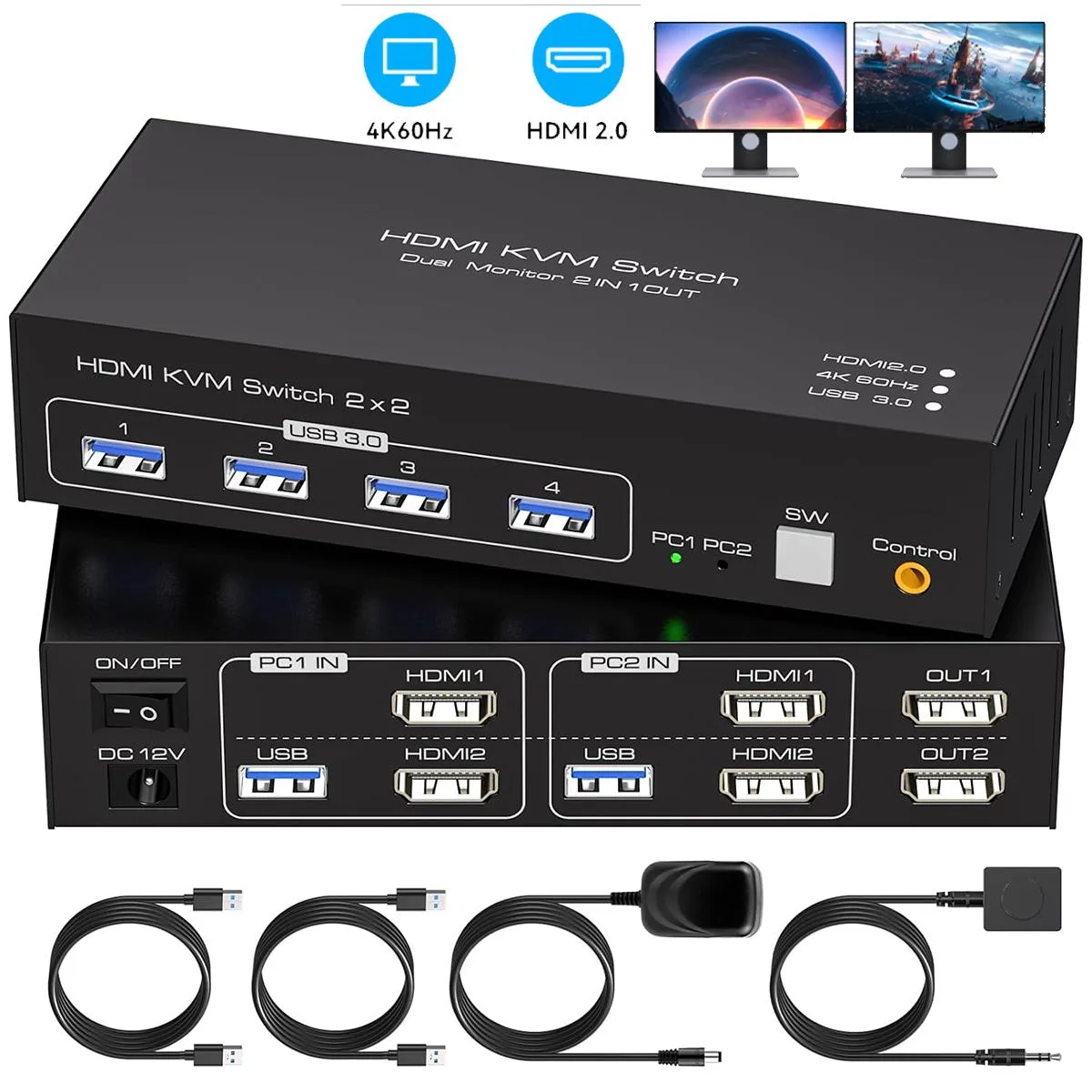 Hitoor Hitoor SW220 2-Port HDMI KVM Switch 4K@60Hz Dual Monitor 4×USB 3.0 Wired Remote — product photo