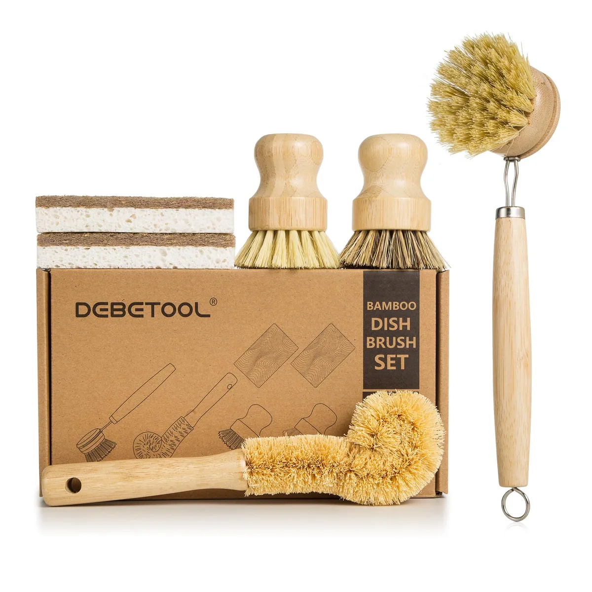 Six-piece bamboo cleaning kit with coconut sponge and natural-fiber brushes