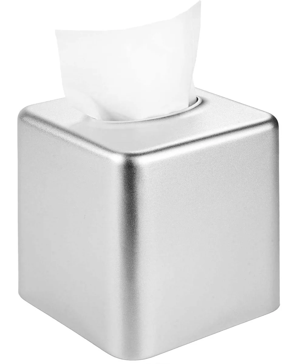 Silver frosted aluminum alloy tissue box cover, square, 5.4 by 5.4 by 5.7 inches