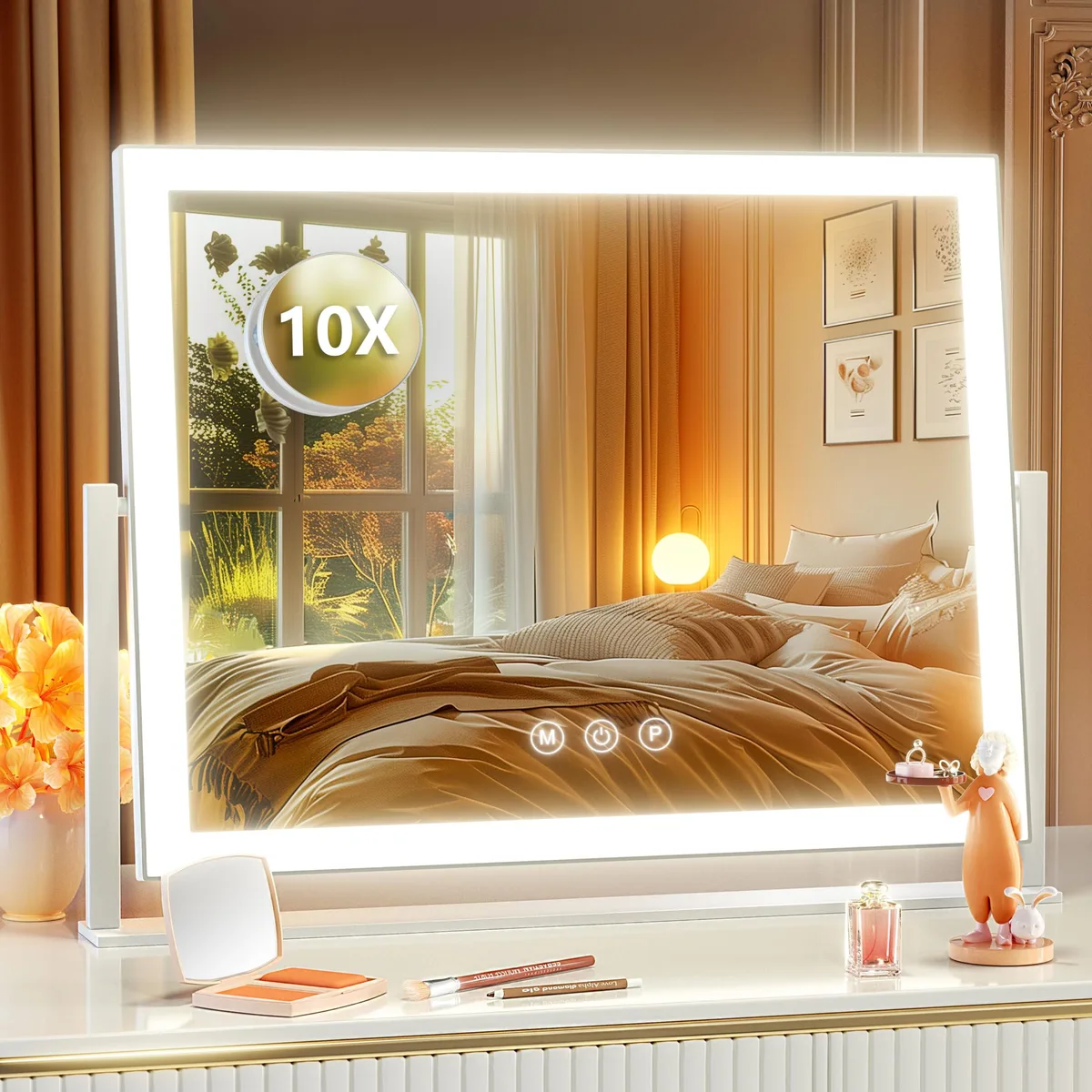 White rectangular LED vanity mirror 17.3 by 13 inches with detachable 10X magnifier and 360 rotation