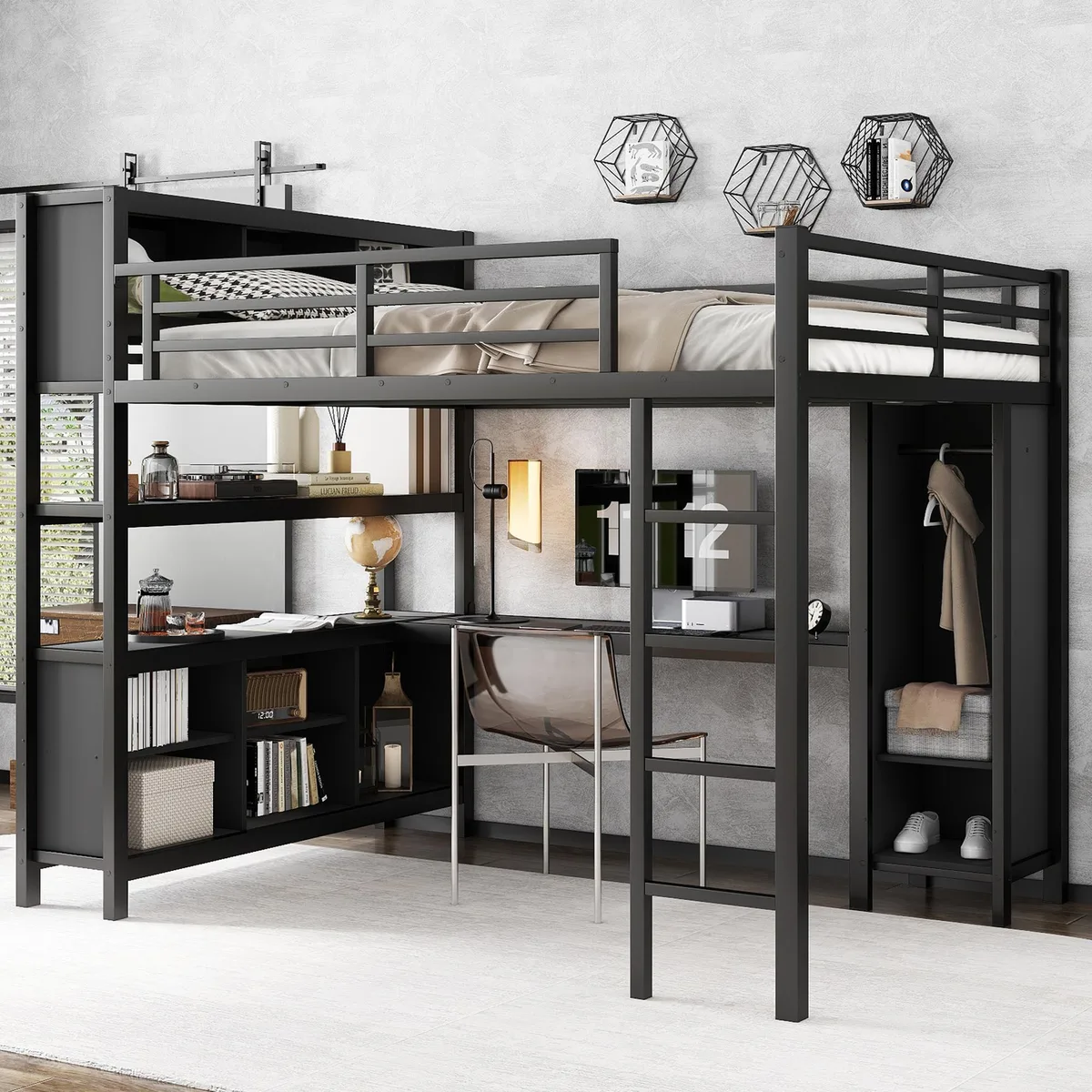 Black metal queen loft bed with L-shaped desk, wardrobe and storage shelves
