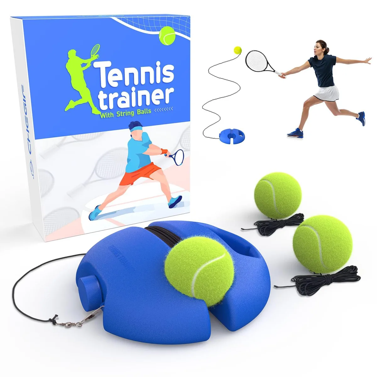 Blue hollow-base tennis trainer with three yellow balls on elastic strings, handle on side