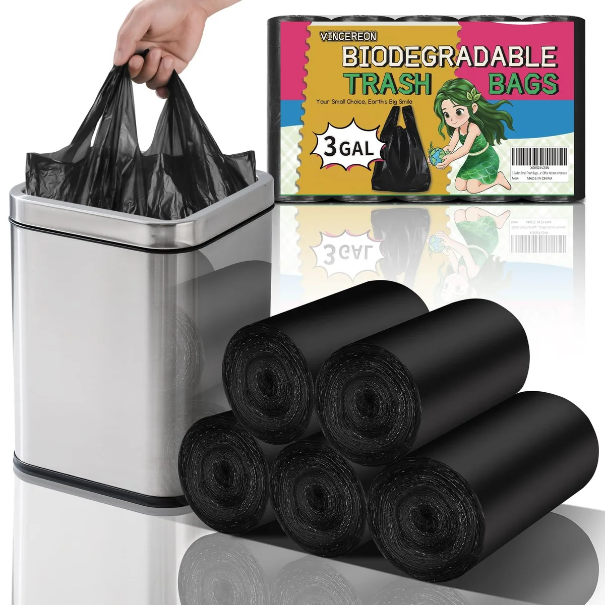 Pack of 100 black 3-gallon plastic trash bags with handles, on rolls