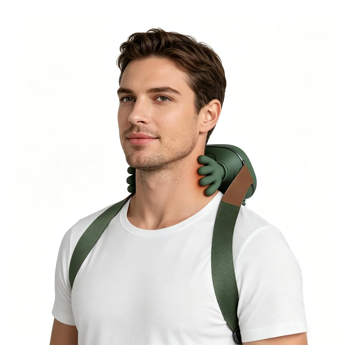 Green cordless neck massager with dual massage heads and adjustable strap