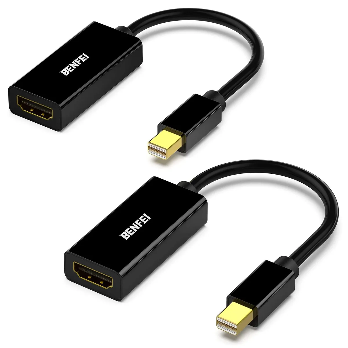 Two black Mini DisplayPort to HDMI adapters with gold-plated connectors
