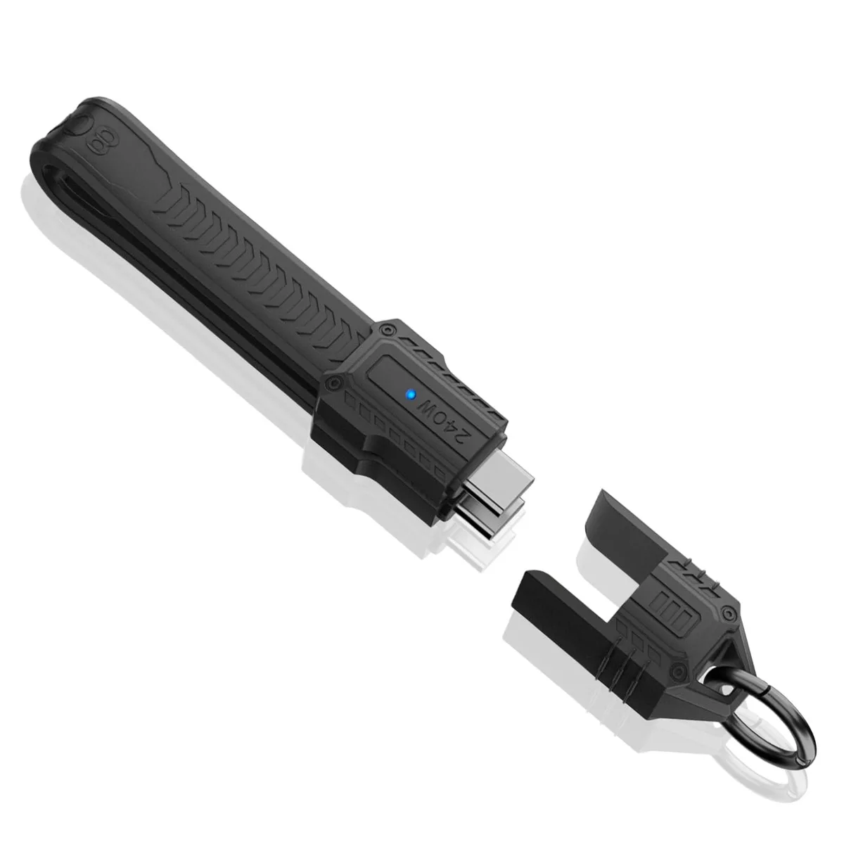 Short black USB-C cable with snap-together keychain loop, 13cm