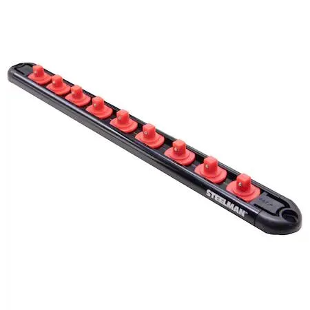 Black anodised aluminium rail with nine red ABS clips, magnetic back, 11.25 inches long