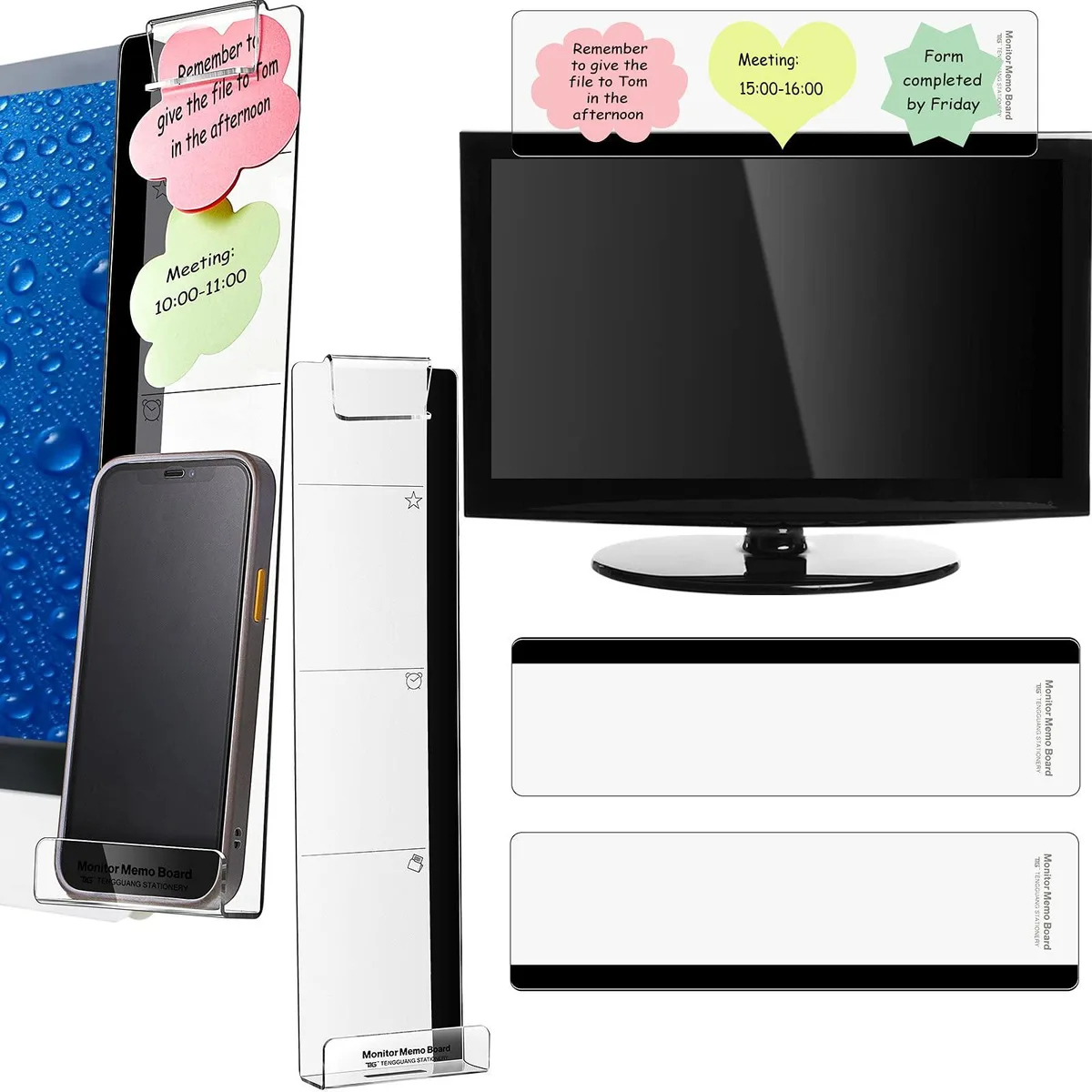 Four clear acrylic monitor memo boards, two with phone holder grooves, transparent finish, side-mount design