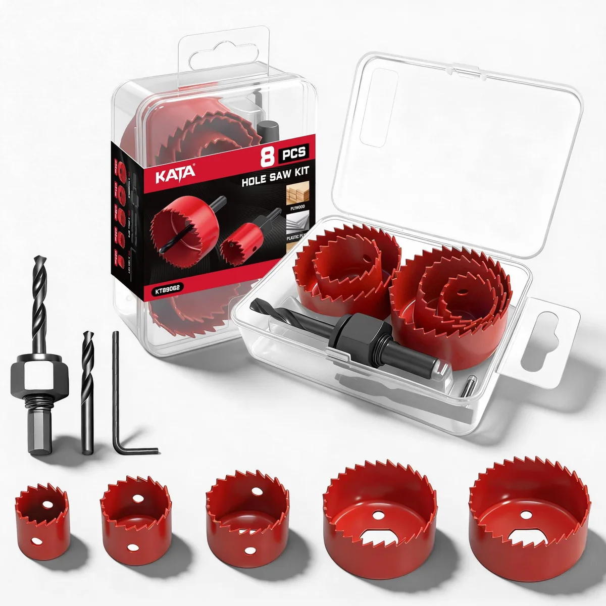 Red steel 8-piece hole saw kit with mandrels, drill bits, hex key in clear plastic case