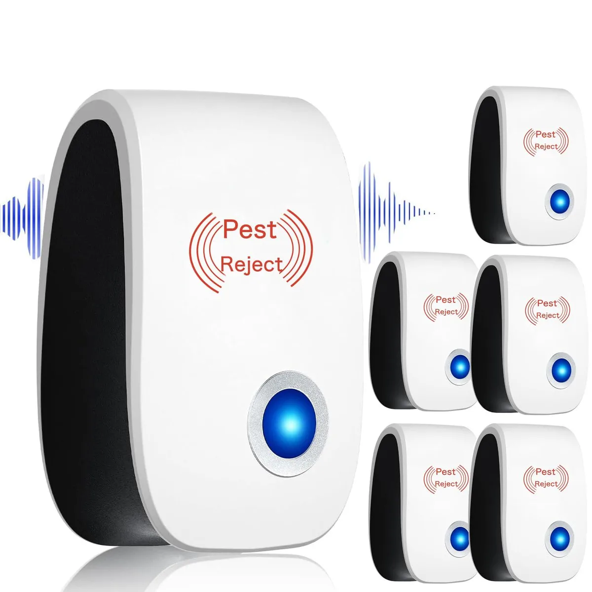 Six white plastic ultrasonic pest repellers with blue indicator lights