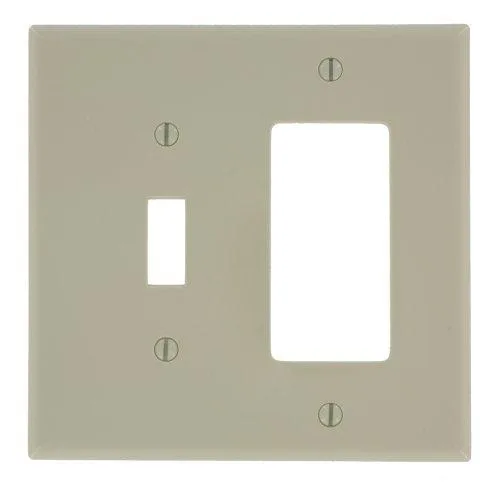 Ivory two-gang toggle and GFCI rocker wall plate midway size 4.88 by 4.94 inches smooth glossy finish
