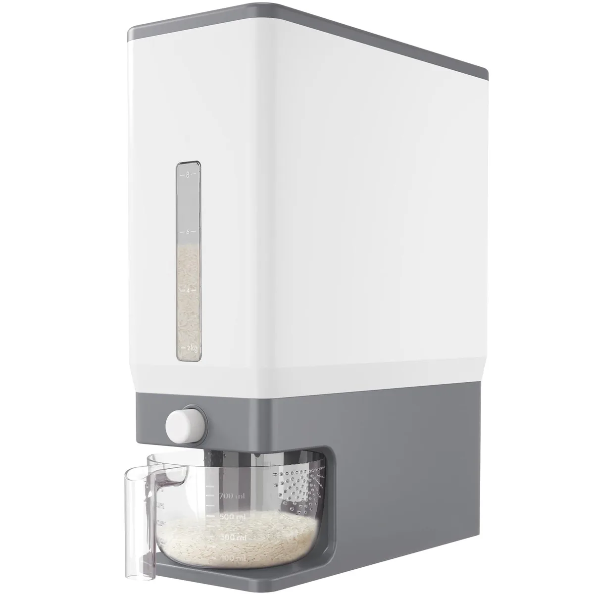 Red cylindrical rice dispenser with press button and clear measuring cup