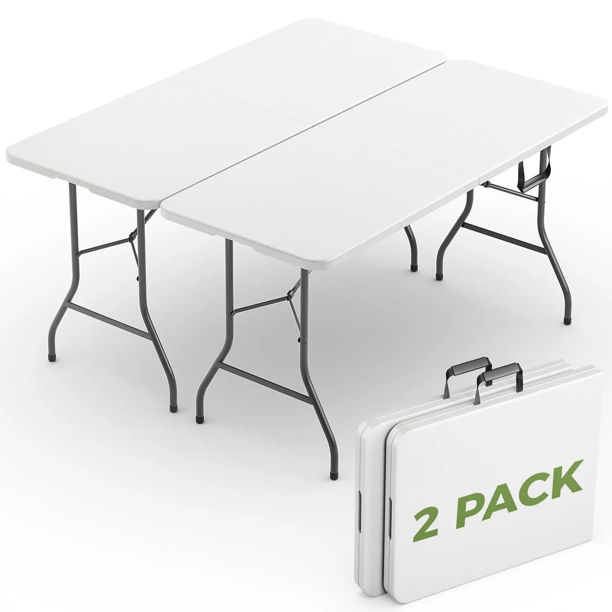 Two white rectangular folding tables stacked flat, powder-coated steel legs folded underneath, built-in carrying handles visible