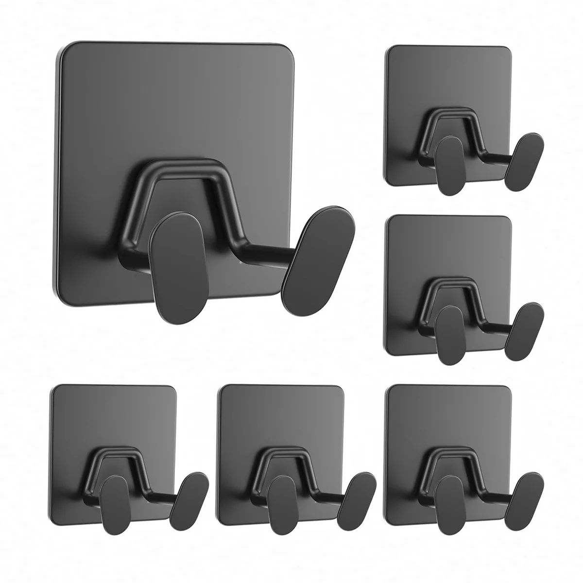 Six black stainless steel double adhesive hooks on a surface