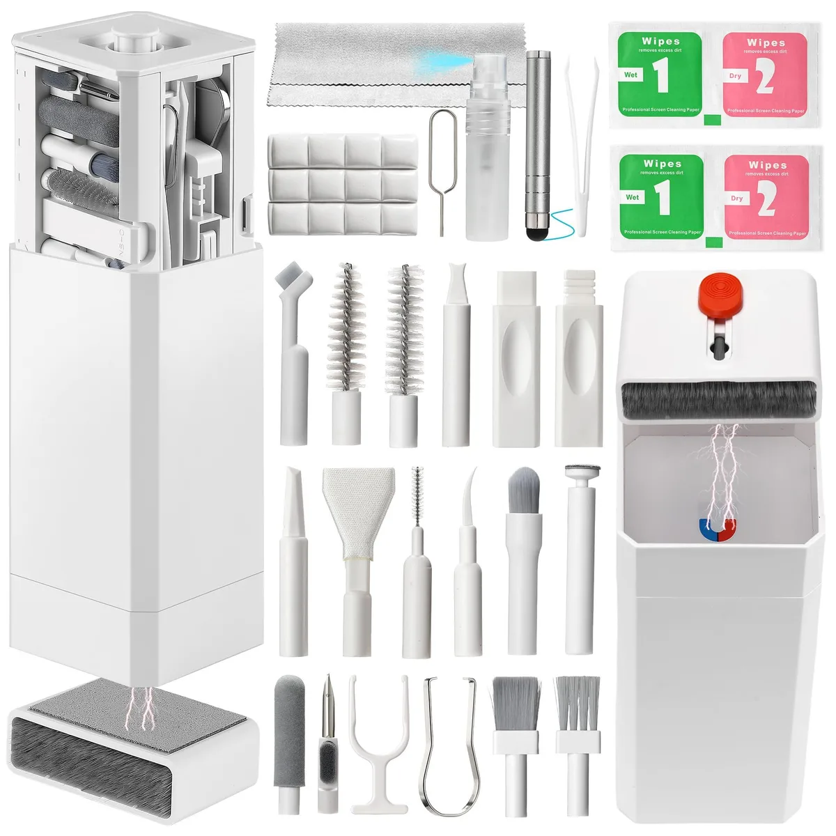 White rectangular cleaning kit box with assorted brushes and tools visible