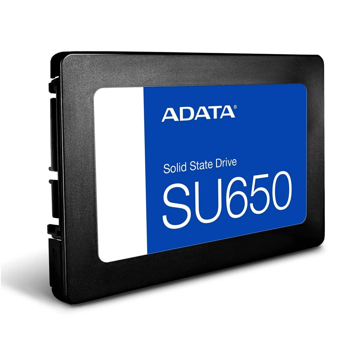 A black 2.5 inch SATA solid-state drive with silver label
