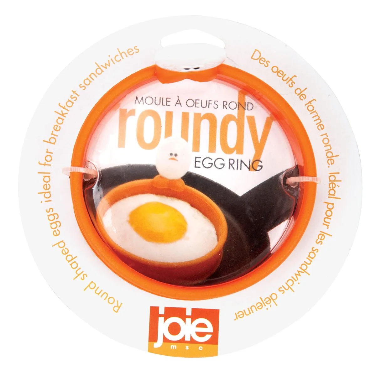 Orange silicone egg ring with folding handle, 3.5 inches round and .75 inches tall