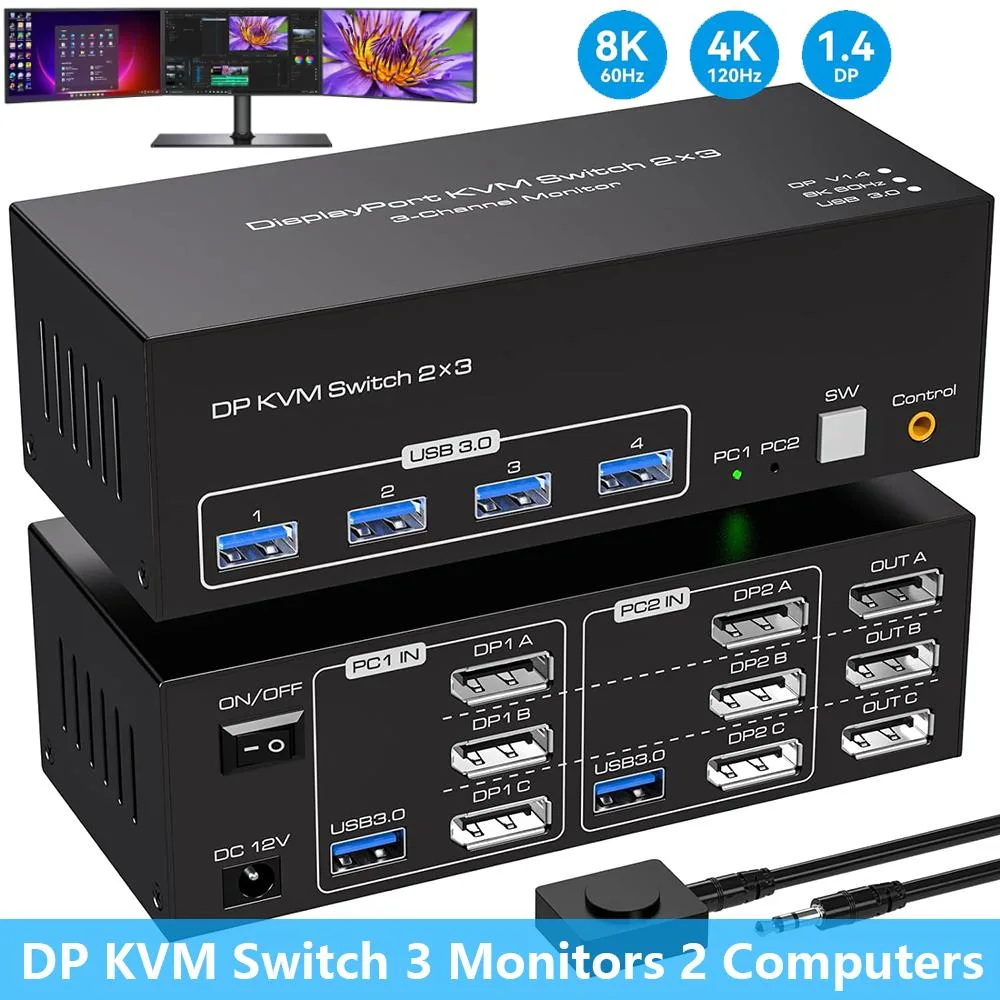 SMA SMA Triple Monitor DP 1.4 KVM Switch 2 Computers 3 Monitors 4 USB 3.0 Ports 8K@60Hz 4K@120Hz Wired Controller — product photo