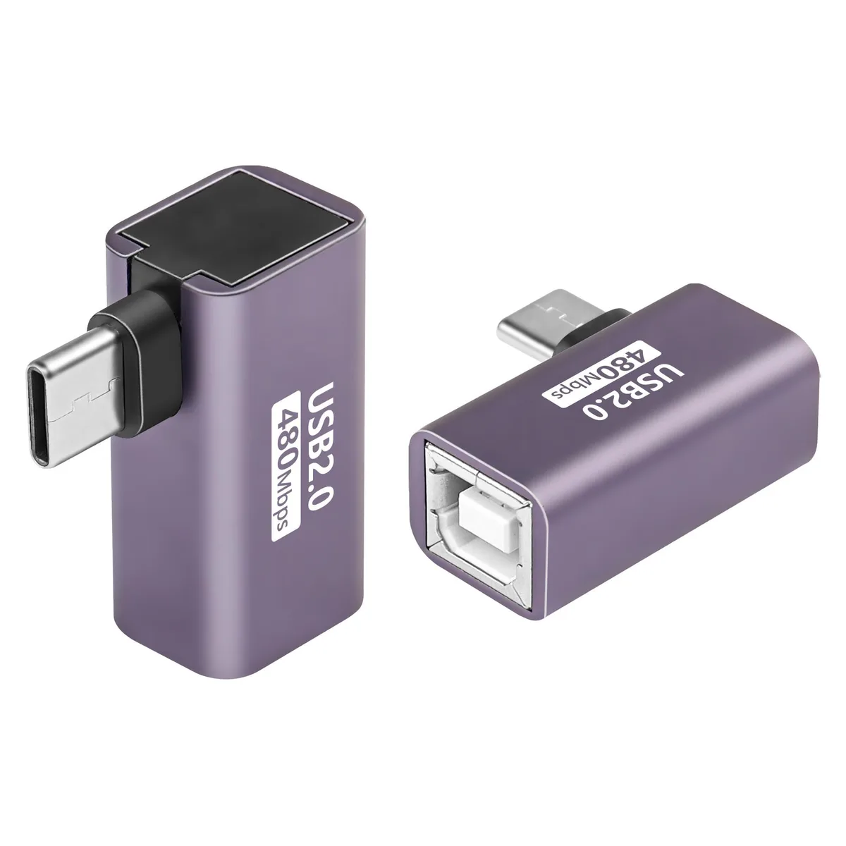 Two purple right-angle USB-C male to USB-B female adapters