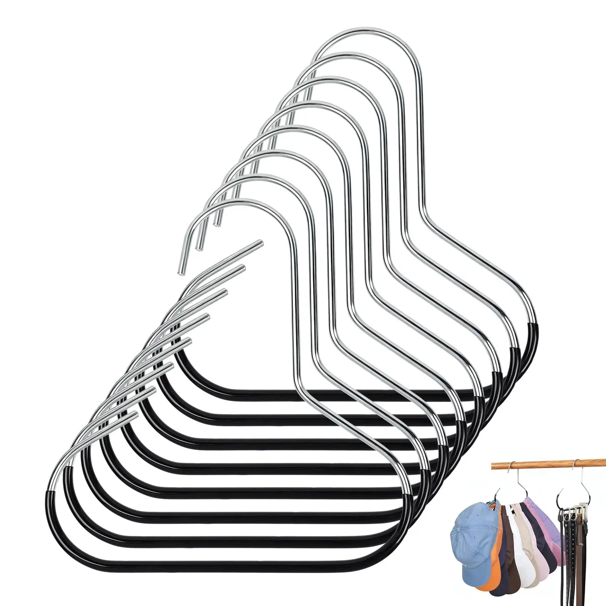 Eight black S-shaped cap organizers with non-slip coating