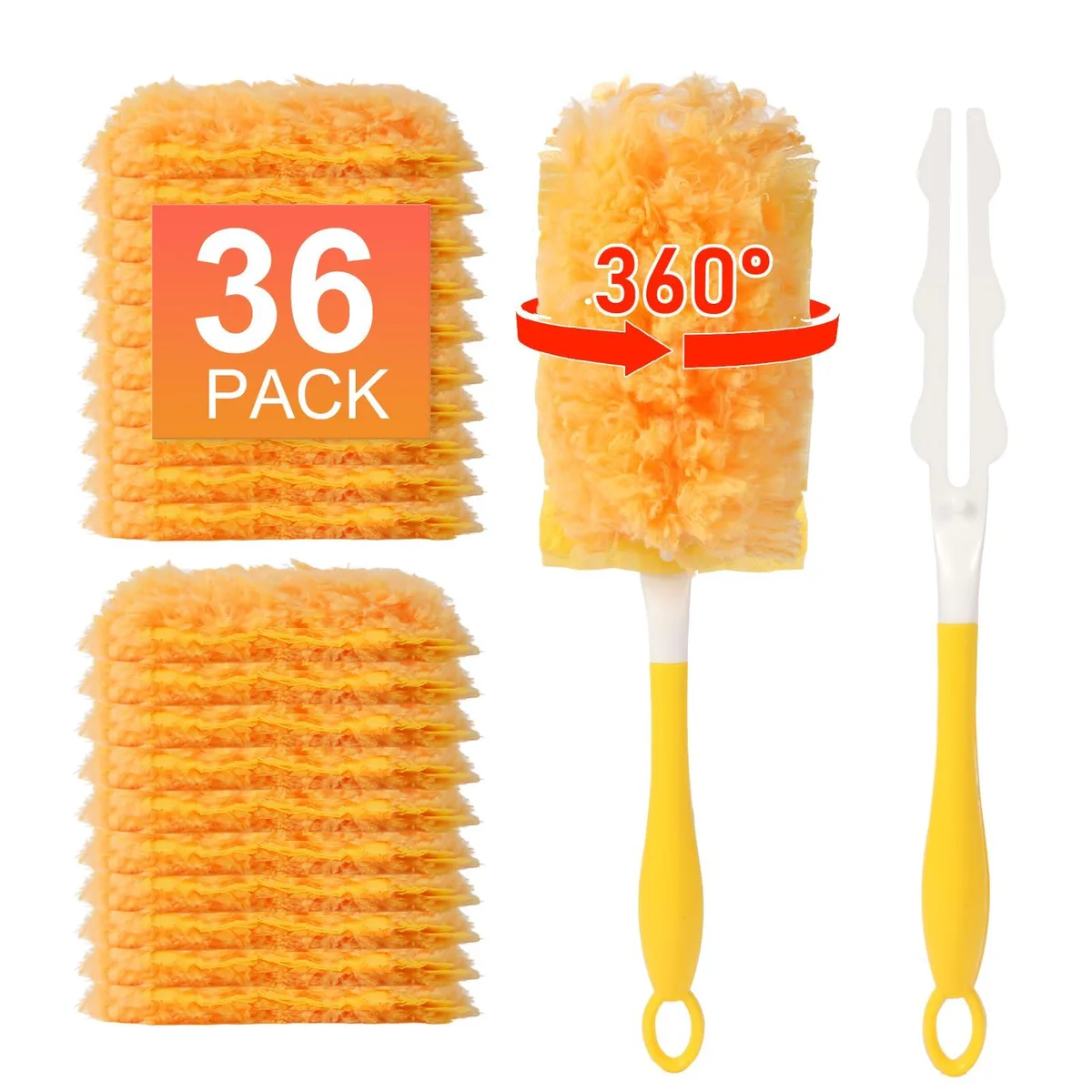 Yellow duster kit with short handle and 36 fluffy microfiber refills