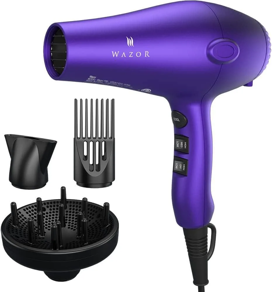 Purple ionic hair dryer with diffuser attachment, lightweight 1.65lb design