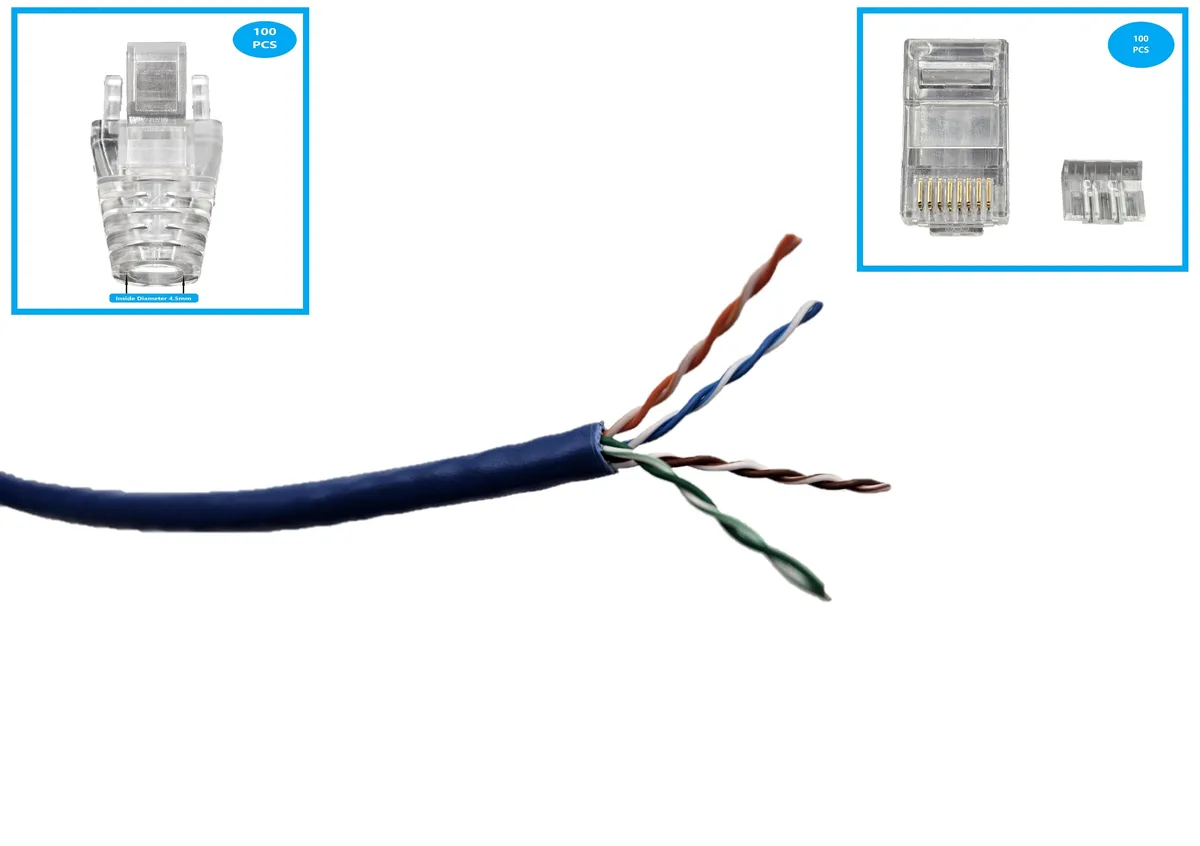 Micro Connectors Micro Connectors CAT6A Slim UTP Bulk Cable Kit 1000 ft Blue 28AWG with 100 Connectors and 100 Boots — product photo