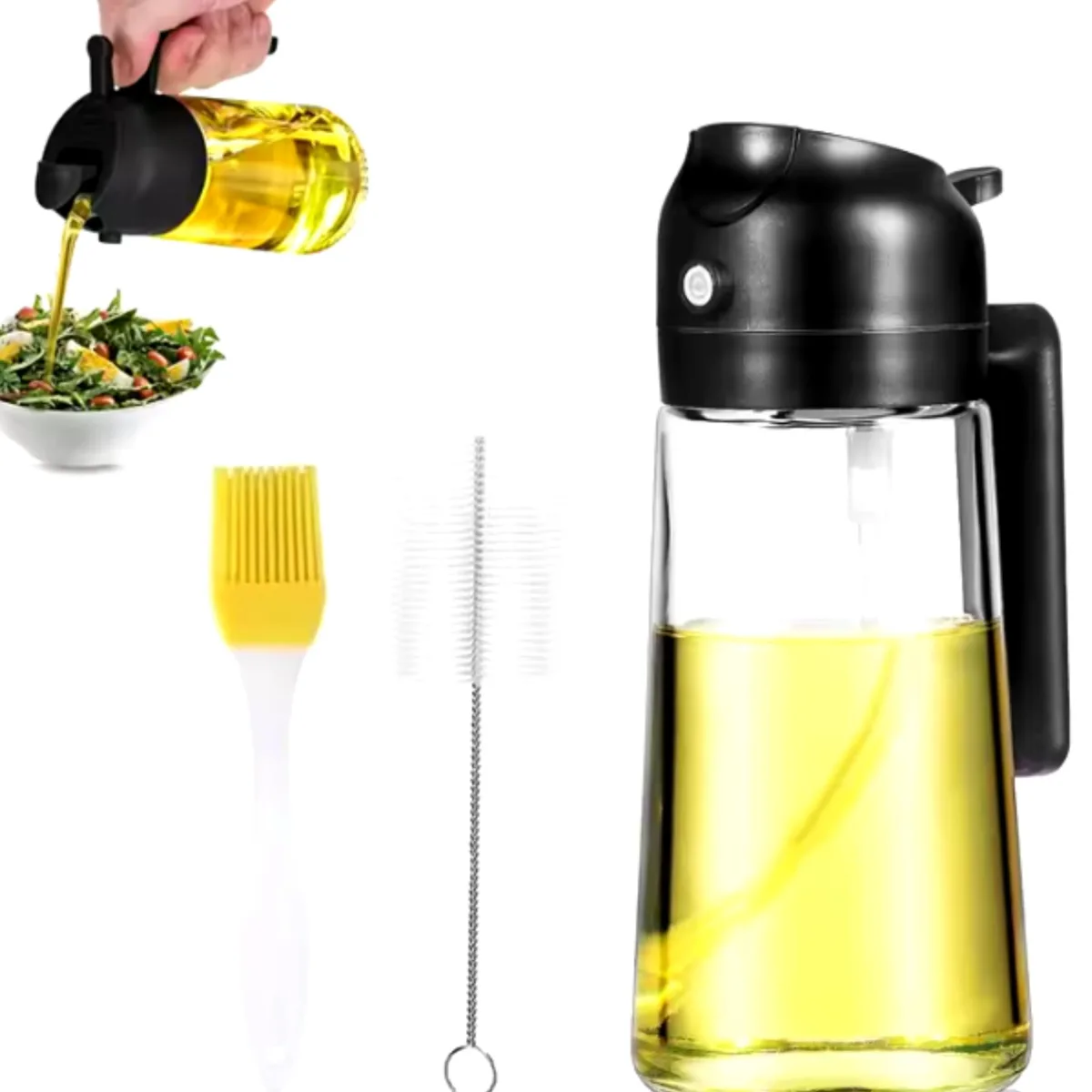  2-in-1 Oil Sprayer &amp; Dispenser 16oz/470ml Glass with Brush (Black) — product photo