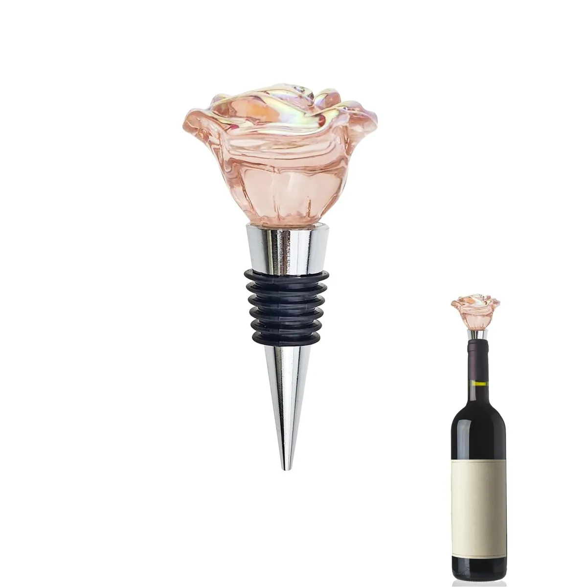 Pink rose-shaped wine bottle stopper, zinc alloy and silicone, 3.54 inches tall
