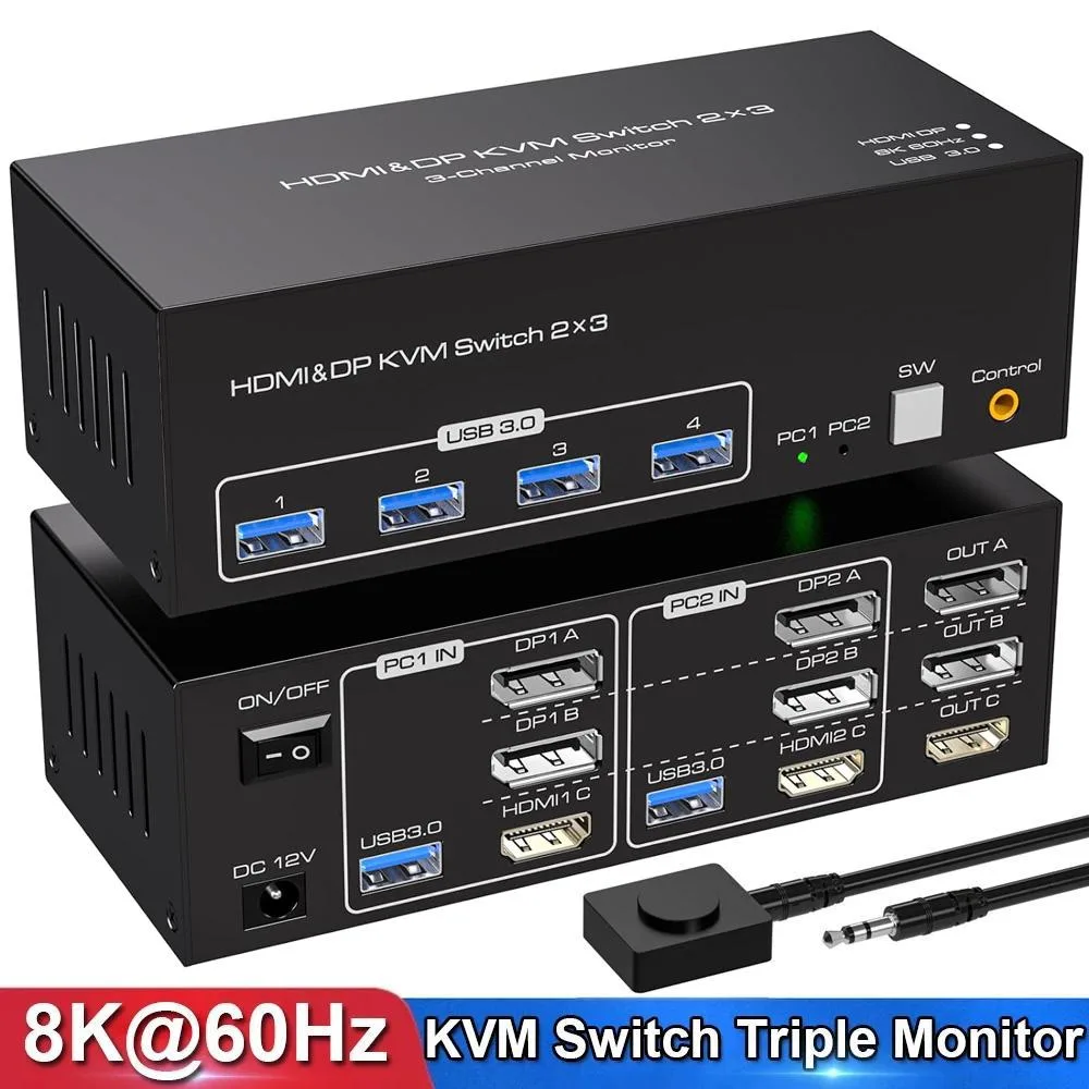 LUOM LUOM SW232-2DP1HD KVM switch 3 monitors 2 computers 8K 60Hz 4K 120Hz 4 USB 3.0 — product photo