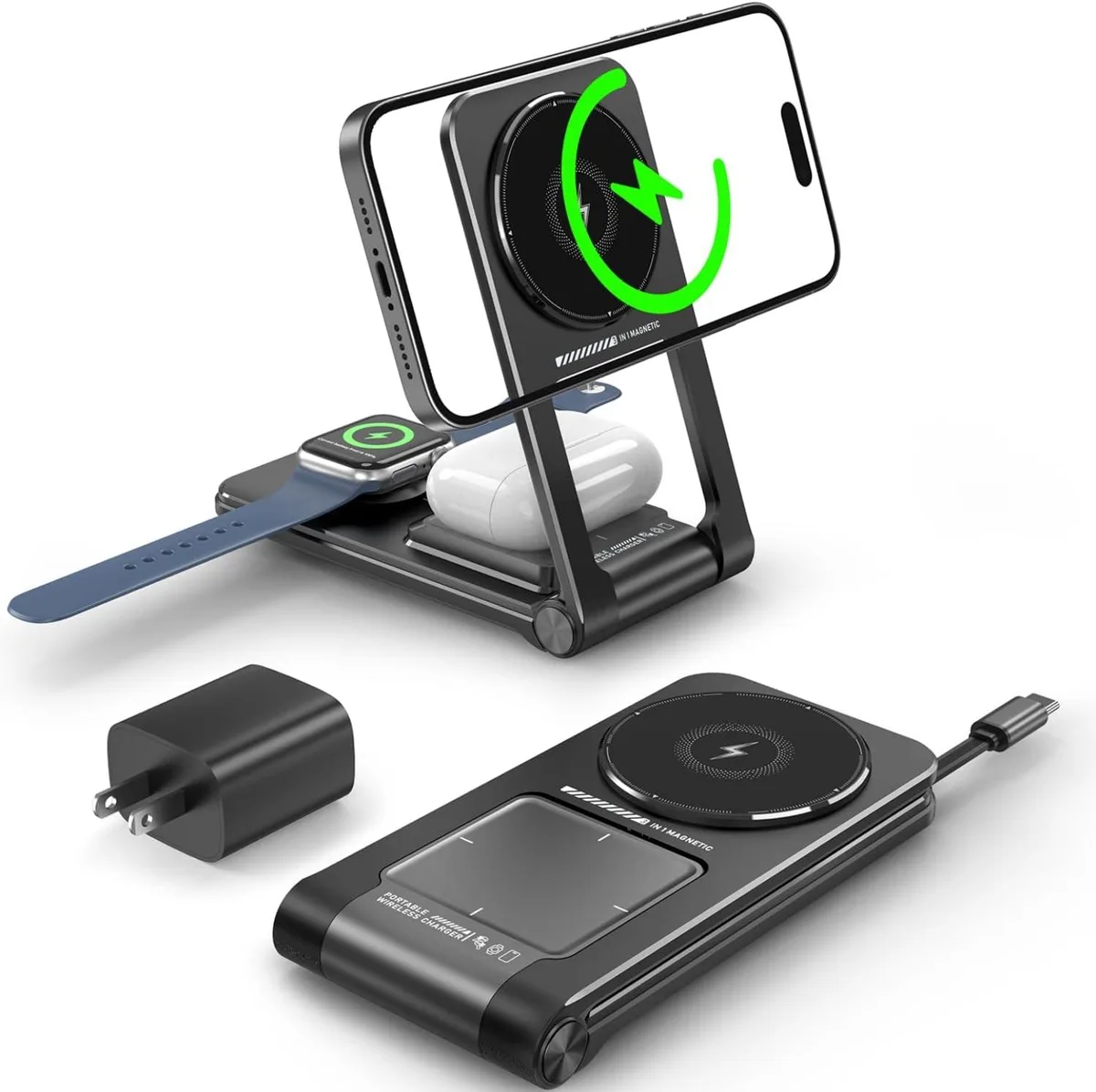 FLEANE FLEANE 3-in-1 Magnetic Wireless Charger Foldable Stand with Retractable Cable 15W Black — product photo