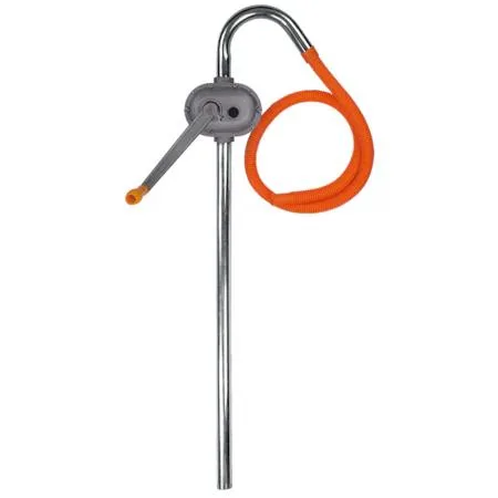 Silver aluminium rotary pump with curved zinc-plated spout, suction tube and bung adapter