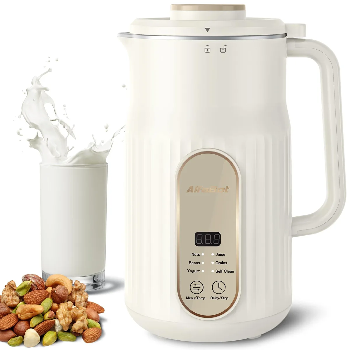 White cylindrical kitchen appliance with stainless steel accents and control panel on top