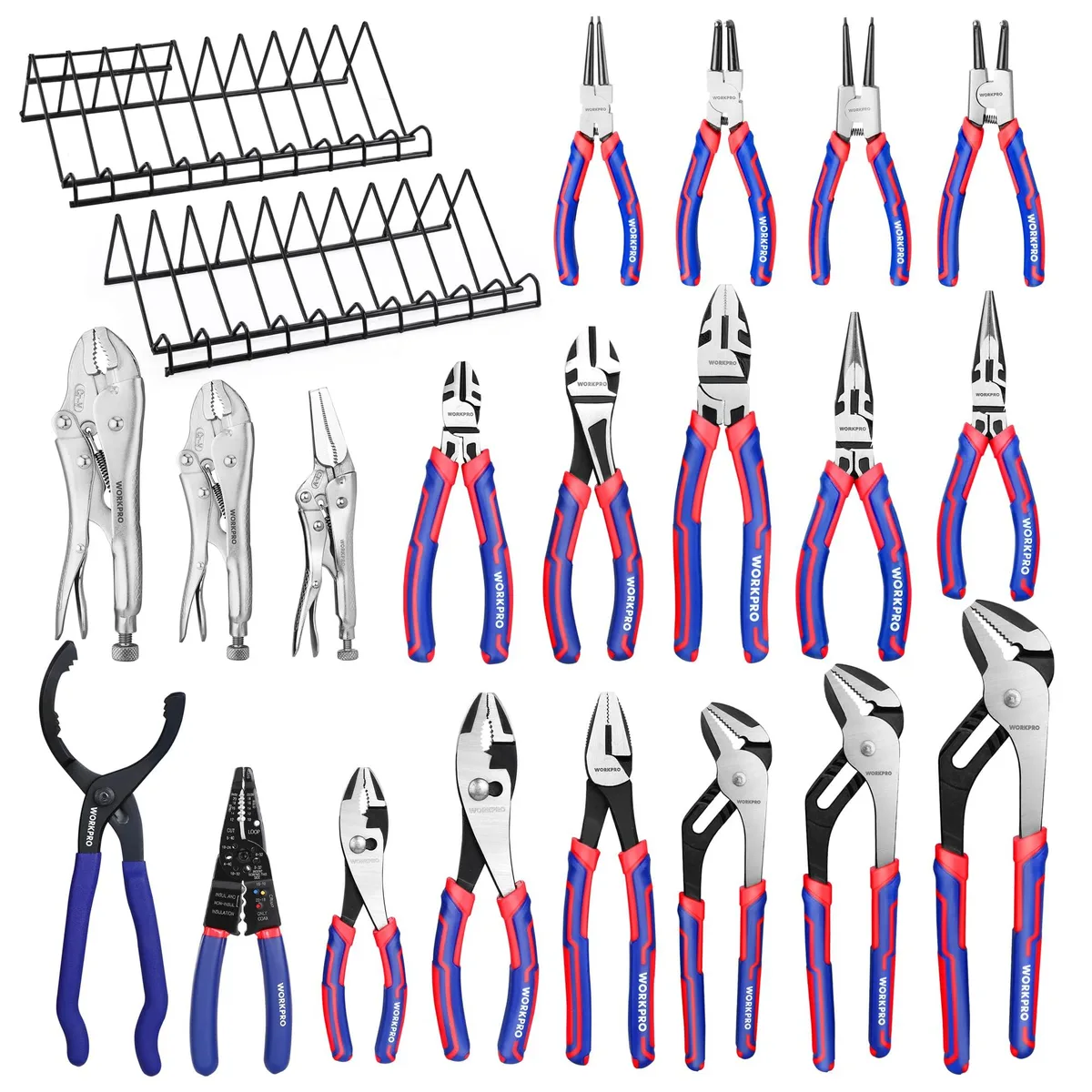 Blue-red 20-piece pliers set with two organizer racks